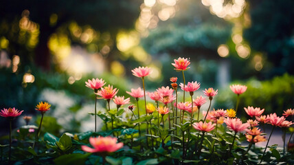 Springtime blurred bokeh on a peaceful garden and flower meadow