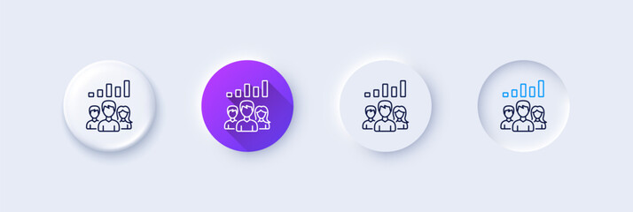 Teamwork results line icon. Neumorphic, Purple gradient, 3d pin buttons. Group of people sign. Line icons. Neumorphic buttons with outline signs. Vector
