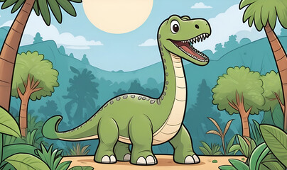 Fototapeta premium Cute cartoon dinosaur similar to brachiosaurus with long neck and smiling face.