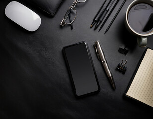 Black leather office desk table with smartphone, supplies and coffee cup. Top view with copy space