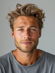 Obraz premium handsome men lite smile front, portrait, blue eyes, long hair, gray white gradient background