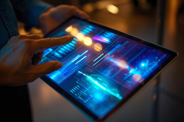 Person using tablet interact display gesture touch data points and information network. AI generated