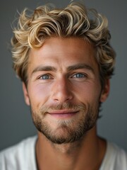 handsome men lite smile front, portrait, blue eyes, long hair, gray white gradient background