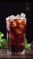 A tall glass filled with iced dark coffee sits on a wooden table, surrounded by fresh herbs, casting a cool and inviting vibe in a cozy caf&eacute; atmosphere