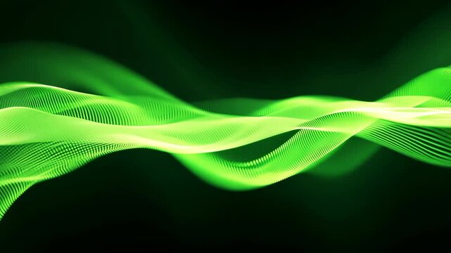Motion animation of abstract 3d green flowing wave made of dots on black background. Digital data structure. Future mesh or soundgrid. Futuristic technology concept. Backdrop for design 