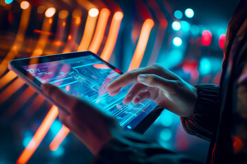 Person using tablet interact display gesture touch data points and information network. AI generated