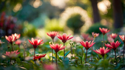 Springtime blurred bokeh on a peaceful garden and flower meadow