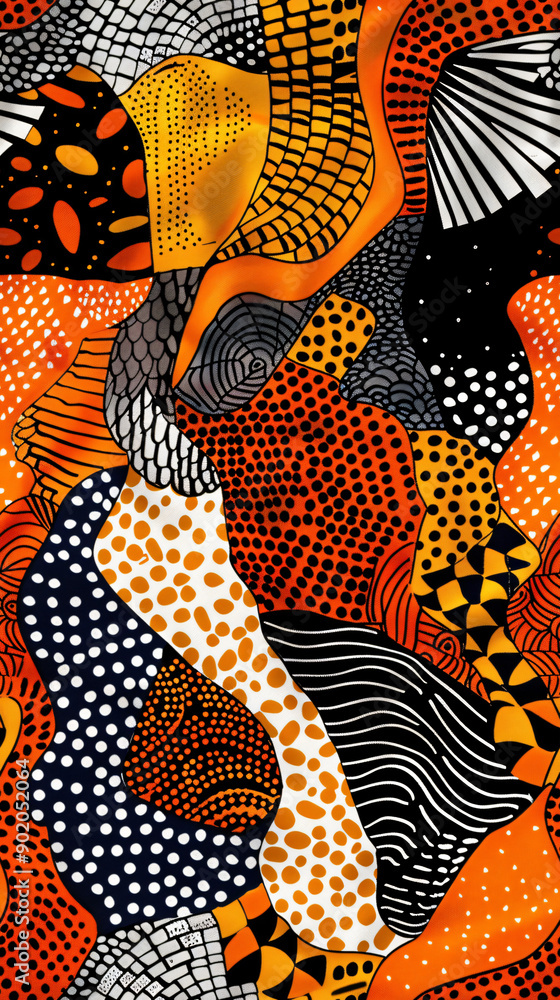 Poster dynamic and vibrant abstract seamless pattern with wavy shapes and dots