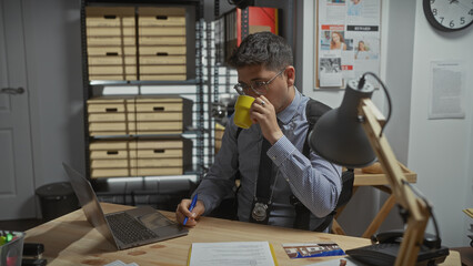 Hispanic detective drinks coffee in a cluttered police office, surrounded by files and a laptop.