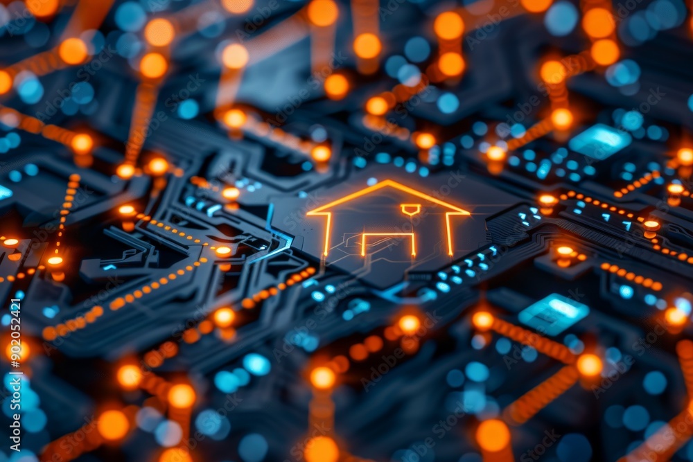 Aufkleber digital circuit board with orange house icon representing advanced technology and smart home integra
