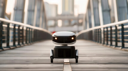 Obraz premium A small delivery robot on a bridge in an urban setting, showcasi