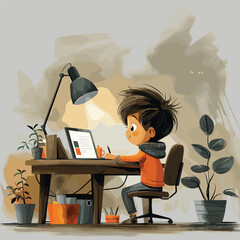a boy sits at a desk with books and a flower in the background