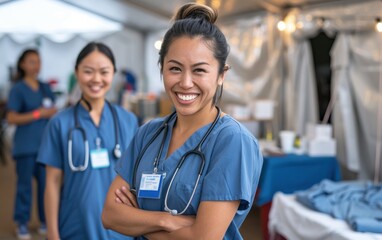Two healthcare workers in blue scrubs smile while collaborating at a community health event, showcasing teamwork and dedication