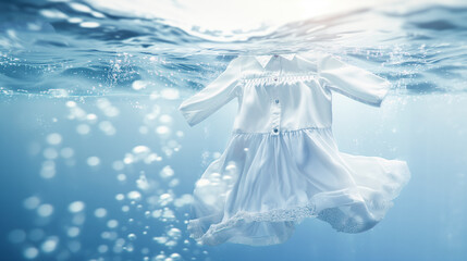 White dress floating underwater with sunlight represents the concept of washing, stain remover, detergent advertising, bleach, cleanliness and freshness with copy space.