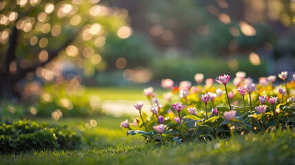 Fototapeta premium Springtime blurred bokeh on a peaceful garden and flower meadow