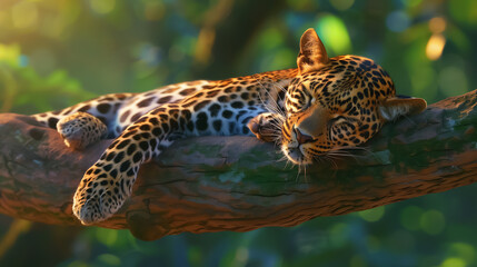 Resting Leopard on Mossy Tree Branch in Lush Jungle
