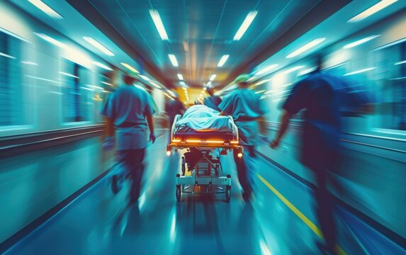 An emergency team hurries a patient on a gurney down a hospital corridor, ensuring quick medical attention in a critical situation