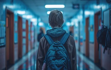 A young person stands alone in a quiet school hallway, looking downcast and surrounded by empty classroom doors