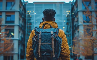 Fototapeta premium A man stands still, reflecting while wearing a backpack in front of an urban building as evening light begins to fade