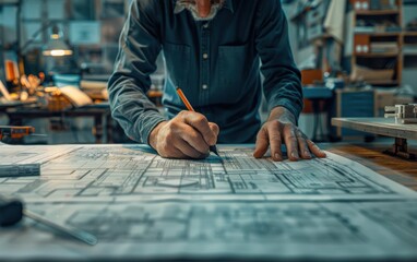 A person meticulously drafts architectural plans on a large blueprint in a well-lit workshop, highlighting key features and details