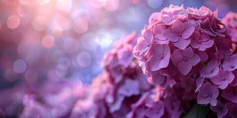 Fototapeta premium Vibrant Pink and Purple Hydrangea Flowers in Soft Focus with Bokeh Background.