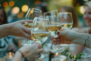 A group of friends toasting with white wine on an outdoor table at a summer party Generative AI