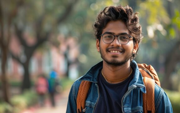 A cheerful Indian student with glasses and a backpack is getting ready to attend class, showcasing a friendly demeanor against a vibrant university backdrop