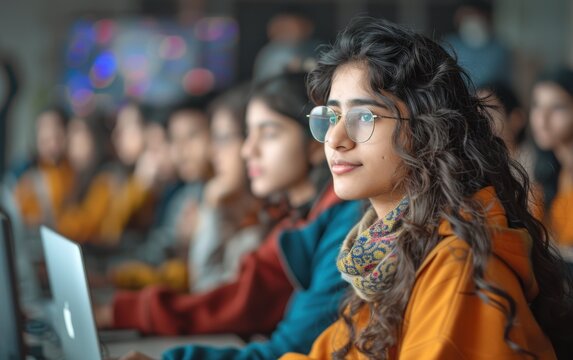 Students concentrate on coding activities during a workshop held on university campus, fostering skills and collaboration