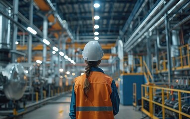Industrial engineers in hard hats and safety vests inspect equipment and discuss projects in a busy industrial setting