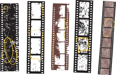 old grunge distorted filmstrip with sand texture. empty frames vertical on 35mm negative films old grunge distorted filmstrip with sand texture. scribbles hand children's underlines