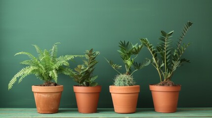 Fototapeta premium Ornamental plants in clay pots with a green backdrop