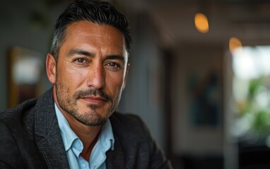 A professional Latin American entrepreneur poses confidently in a modern workspace, showcasing a blend of elegance and determination