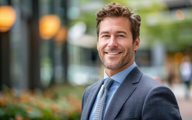 Obraz premium A professional lawyer stands confidently outside a modern office building, smiling and wearing a suit with a tie amid a vibrant urban environment