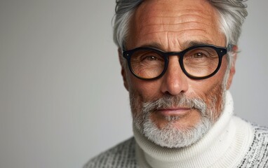Fototapeta premium A mature man with salt and pepper hair and black frame glasses confidently poses against a soft, neutral background, showcasing his stylish attire