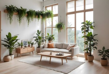 Minimalist and modern living room interior with big windows, green plants