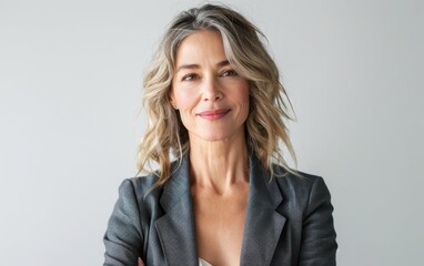 A woman wearing a stylish blazer smiles warmly, displaying confidence and contentment in a softly lit studio backdrop