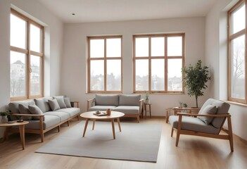 Minimalist and modern living room interior with big windows, green plants