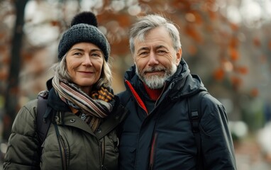 A middle-aged couple strolls hand in hand through a park, surrounded by trees with vibrant autumn leaves, sharing laughter and moments of connection