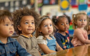Obraz premium A diverse group of toddlers sits attentively at their desks in a vibrant classroom during a learning activity