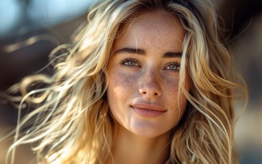 Fototapeta premium A model with long blonde wavy hair smiles gently in soft, natural light, capturing the beauty of golden hour outdoors