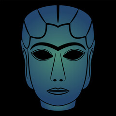 The Mask from Warka. Lady of Uruk. Female head of ancient woman or goddess Inanna from Iraq. Blue silhouette on black.