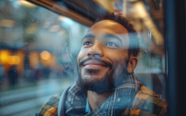 Fototapeta premium A young mixed-race man smiles while gazing out the window of a train during his evening commute, embodying a moment of joy and reflection