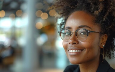Obraz premium A confident black businesswoman smiles warmly while seated in a contemporary office setting, showcasing her professional demeanor and style