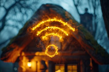 Rustic house with glowing orange Wi Fi symbol in a twilight forest blending traditional living with modern technology