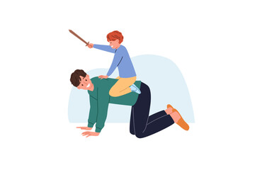 Family relationships of positive boy playing knight-rider with smiling father. Happy family of cheerful dad riding kid with toy sword on back and enjoying raising son independently.