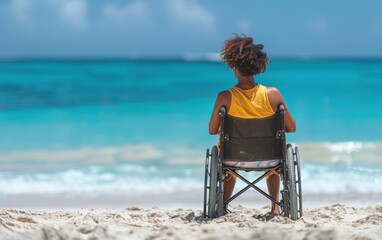 Fototapeta premium A black woman in a wheelchair sits peacefully on the sandy beach, facing the turquoise ocean and enjoying a sunny day