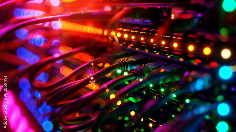 Poster close-up of colorful led lights and network cables in a data center server rack. blurred background 