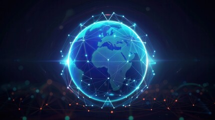 Fototapeta premium A digital globe with glowing connections representing global networks and technology advancements in a dark background.