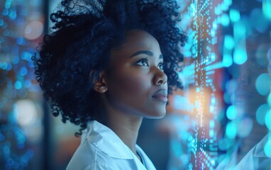 A devoted black female doctor is intensely examining health data displayed on a digital screen in a contemporary hospital environment