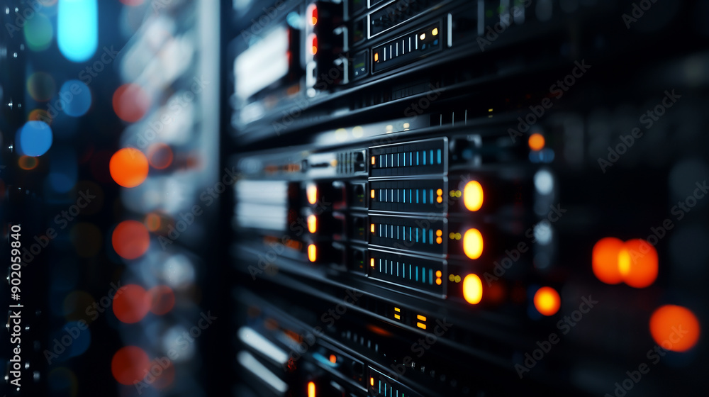 Aufkleber close-up of illuminated server racks in a data center, showcasing modern technology infrastructure w